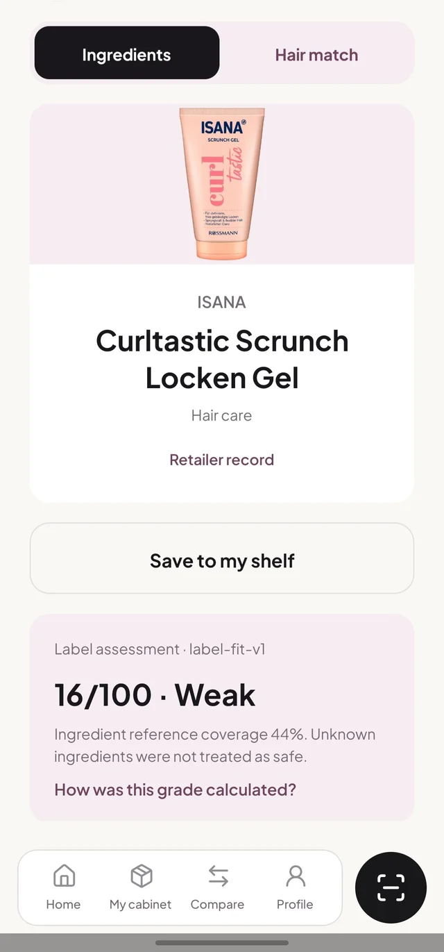 Elasal ingredient analysis screen showing a cosmetic formula review