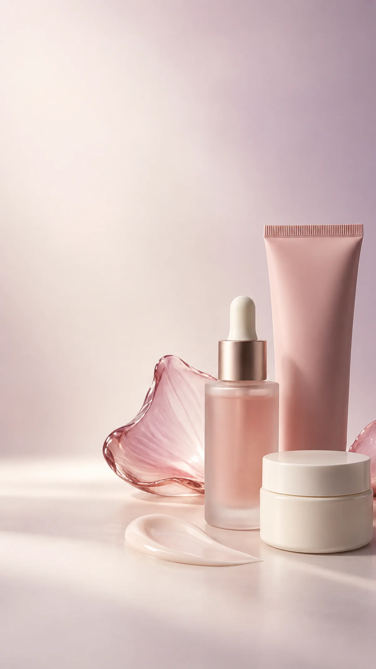 Rose-toned skincare bottles and a cream jar in soft natural light